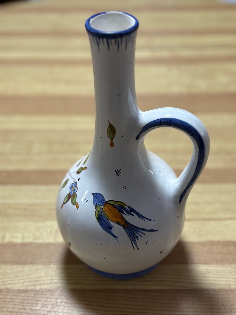 Vintage Hand-Painted French Ceramic Vase with Blue Trim and Bird Motif